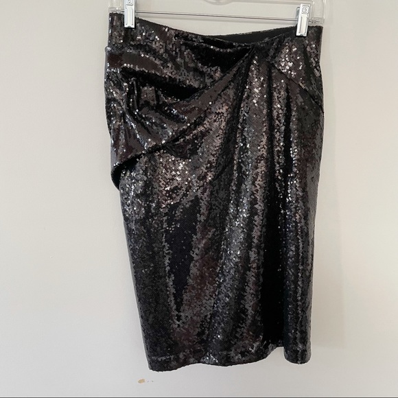 Donna Karan sequin knot detail gathered black stretch pencil skirt midi length - Picture 2 of 5